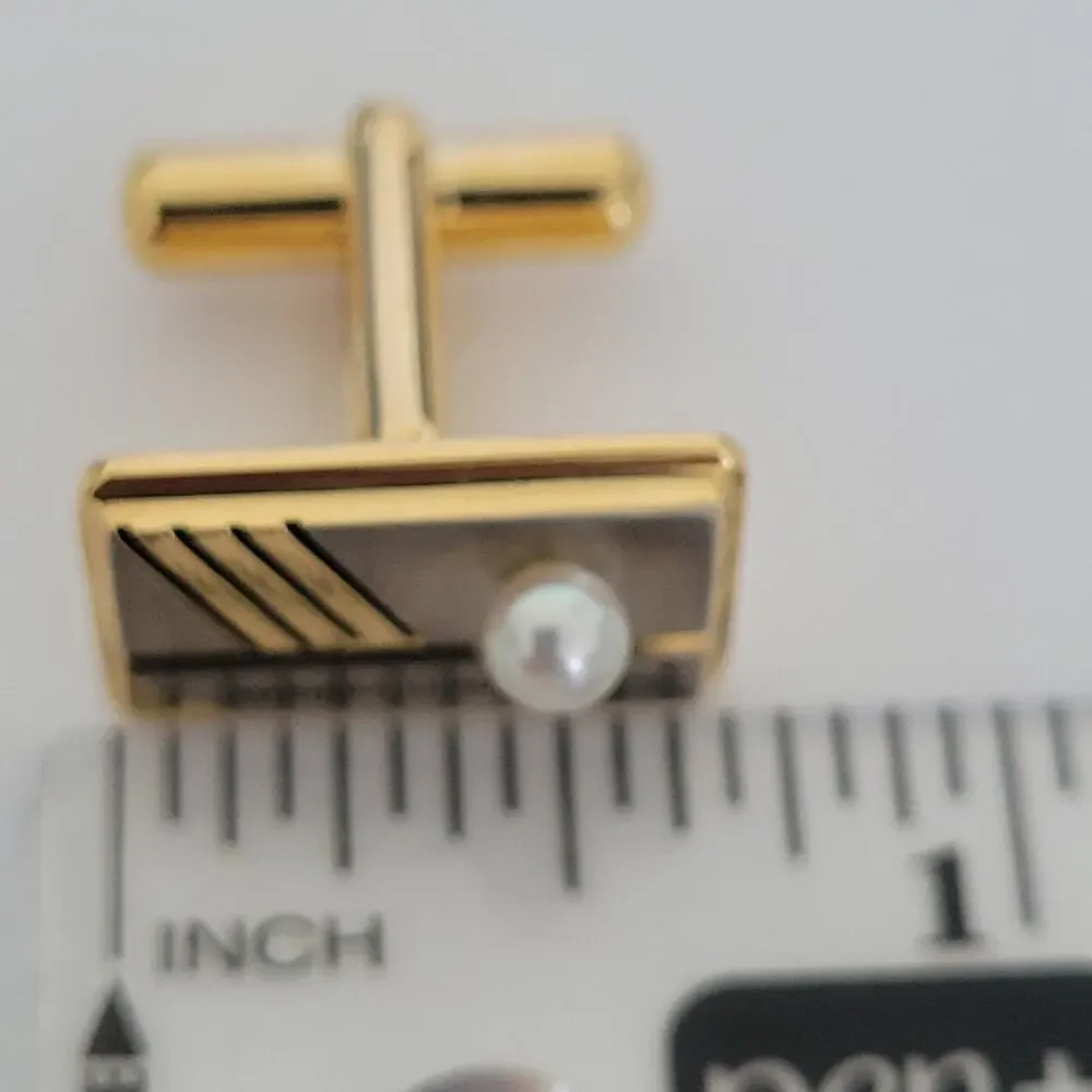 MIKIMOTO Tie Pin Bar and Cufflinks with Geniue Acoya Pearl Set Gold Silver Tone